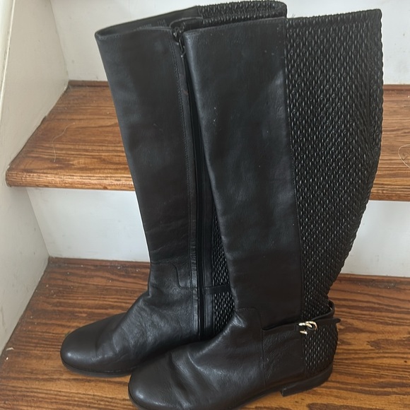 Cole Haan Leather Grand Tall Riding Boots Black Leather/Stretch Woven 7.5 Zip - Picture 1 of 12
